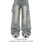 阔腿裤 美式 水洗做旧潮牌高街多口袋宽松工装 男款 子 复古飘带牛仔裤