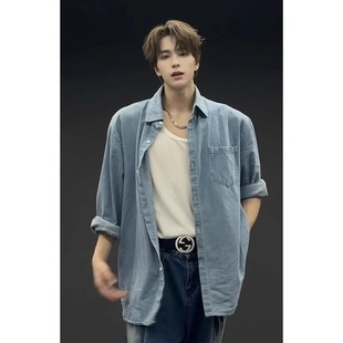 浅蓝色水洗牛仔衬衫男款春夏高级感痞帅长袖衬衣美式复古休闲外套