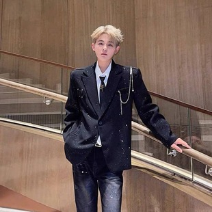 潮牌 外套男春秋季 黑色满天星小众珍珠挂链设计高级感新款 休闲西装