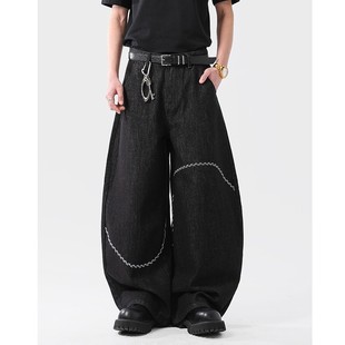 子 男潮牌复古刺绣设计感宽松阔腿baggy弯刀裤 美式 高街黑色牛仔裤