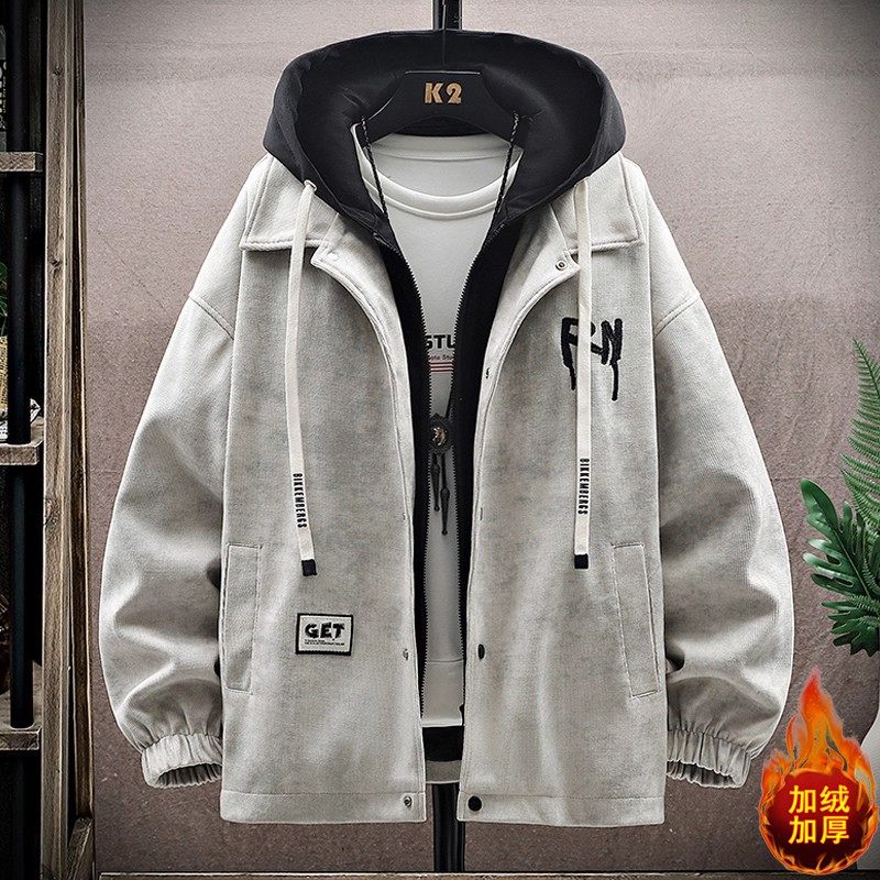 灯芯绒外套男假两件连帽夹克加绒