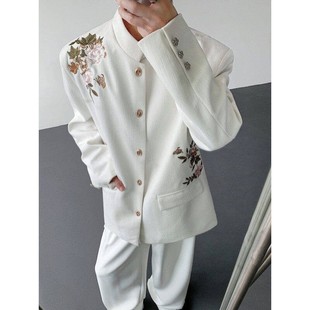 新中式 男小众设计感重工刺绣外套上衣礼服高级感 垫肩复古立领西装