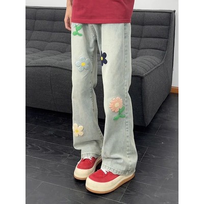 刺绣牛仔裤男春秋裤子直筒微喇裤