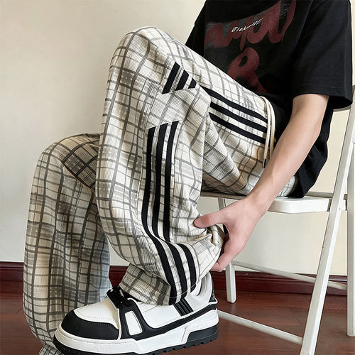 春秋格纹三条杠休闲卫裤男女宽松
