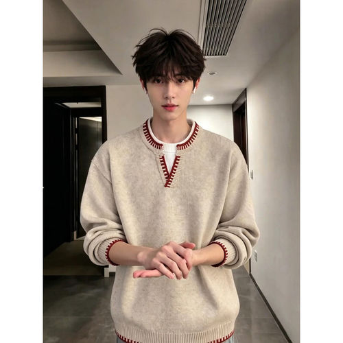 假两件撞色手缝线毛衣男女秋季潮