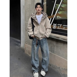 美式 加绒加厚棉衣毛领连帽PU皮夹克 豹纹双面穿座山雕棉服男女冬季