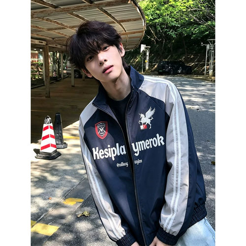 藏青拼接撞色立领飞行夹克男春秋
