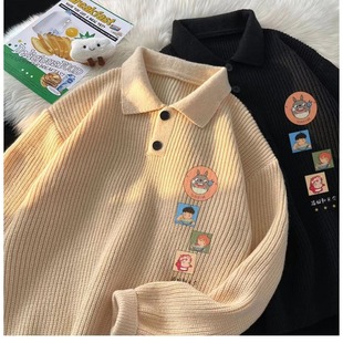 日系复古翻领线衣慵懒风打底针织衫 重磅Polo领卡通动漫毛衣男冬季
