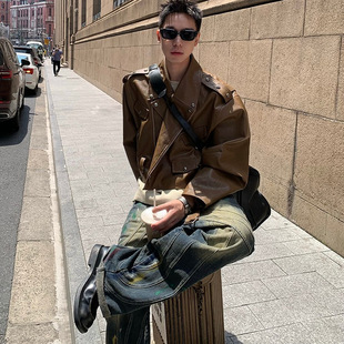 痞帅夹克潮 新款 美拉德棕色重工机车骑行pu皮衣外套短款 男女春秋季