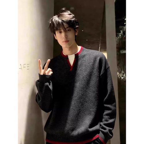 美式复古拼色V领毛衣男士2026秋