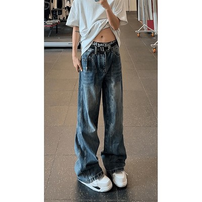 拼接微喇牛仔裤男直筒弯刀裤裤子
