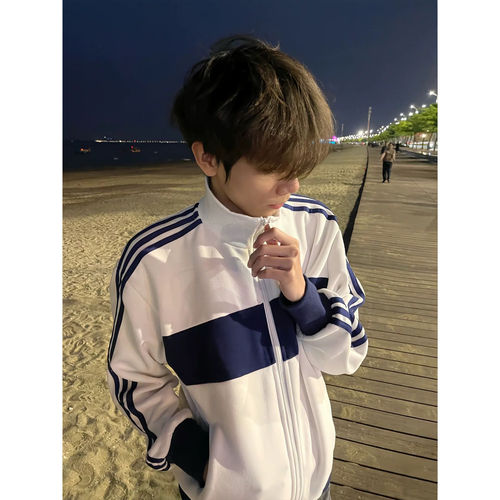 美式复古cleanfit条纹立领卫衣男