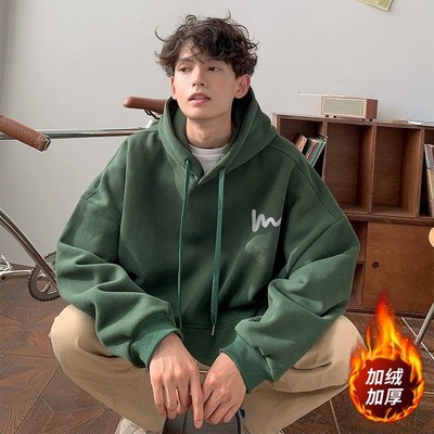 墨绿色重磅加绒连帽卫衣男春秋冬