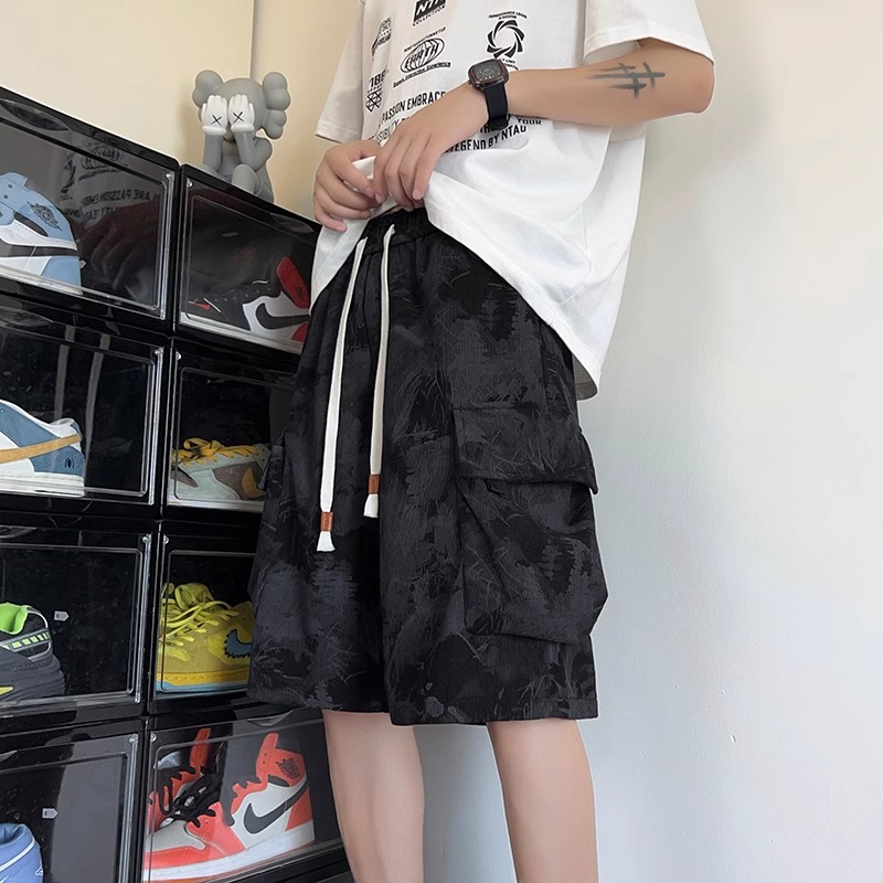 美式黑色扎染工装短裤男款夏季青少年潮牌裤子休闲大口袋五分马裤