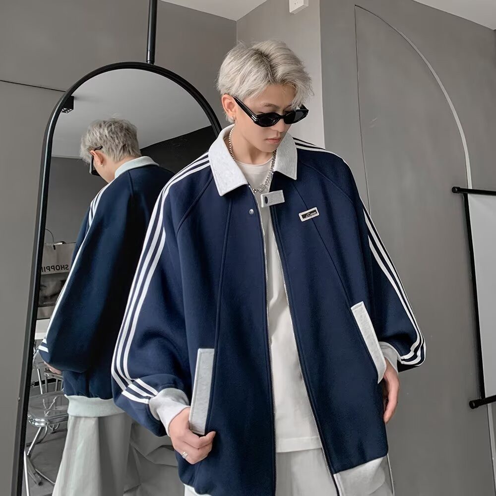 美式三条杠棒球服男生春秋季重磅潮牌条纹运动夹克青少年拼接外套