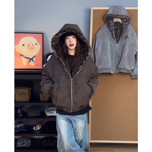 咖色两面穿豹纹棉服男女秋冬霾面pu皮座山雕外套美式 复古连帽棉衣