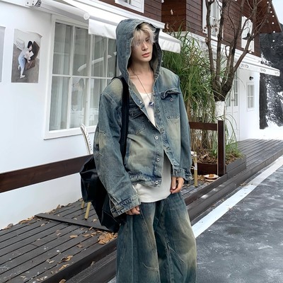 牛仔夹克男外套水洗做旧连帽上衣