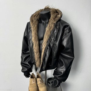 PU皮毛一体机车外套男秋冬季 cleanfit痞帅皮衣加厚双面穿棉服 美式