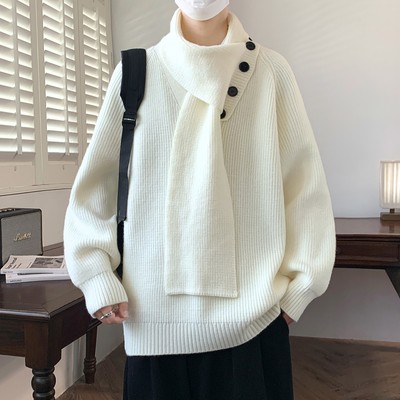 可拆卸围巾白色高领毛衣男针织衫
