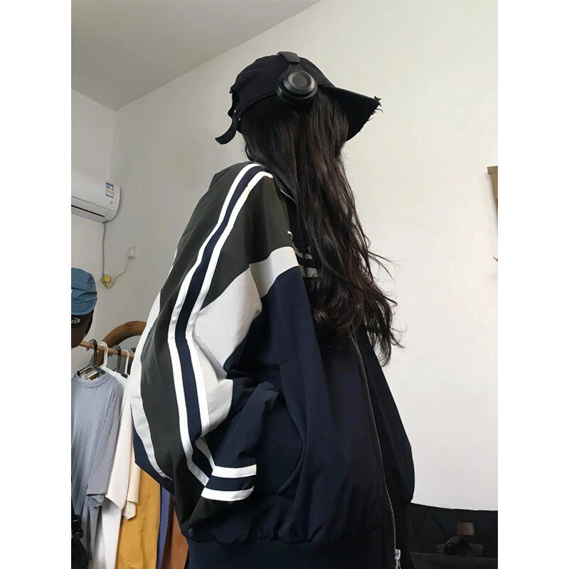 百搭潮流潮棒球服美式复古立领冲锋衣外套男秋款条纹运动情侣夹克