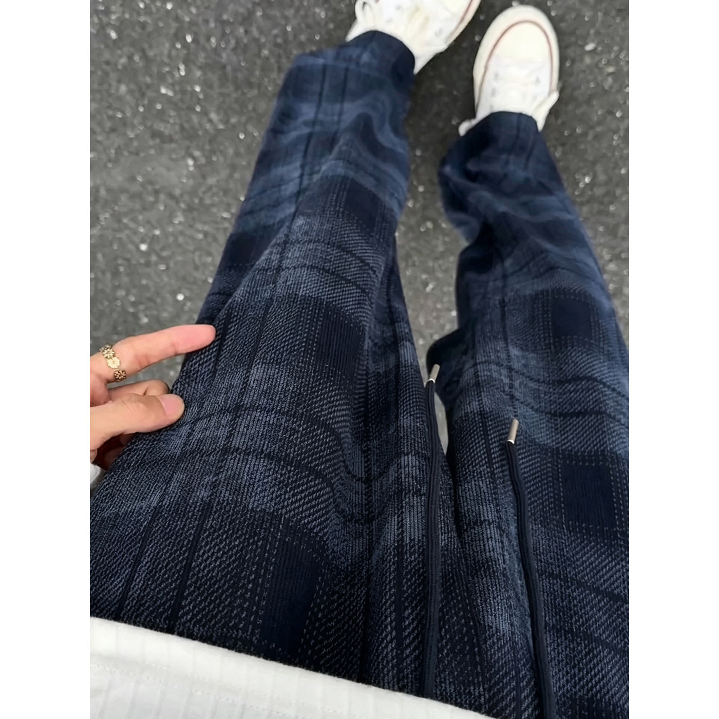 藏青色美式扎染暗纹格子裤男款秋