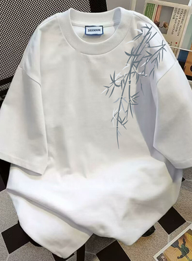 新中式国风竹子肥佬短袖t恤男潮牌白色宽松加肥大码高街半袖体恤