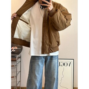棕咖色短款立领棉衣外套男冬季美式复古棒球服飞行员夹克羽绒棉服