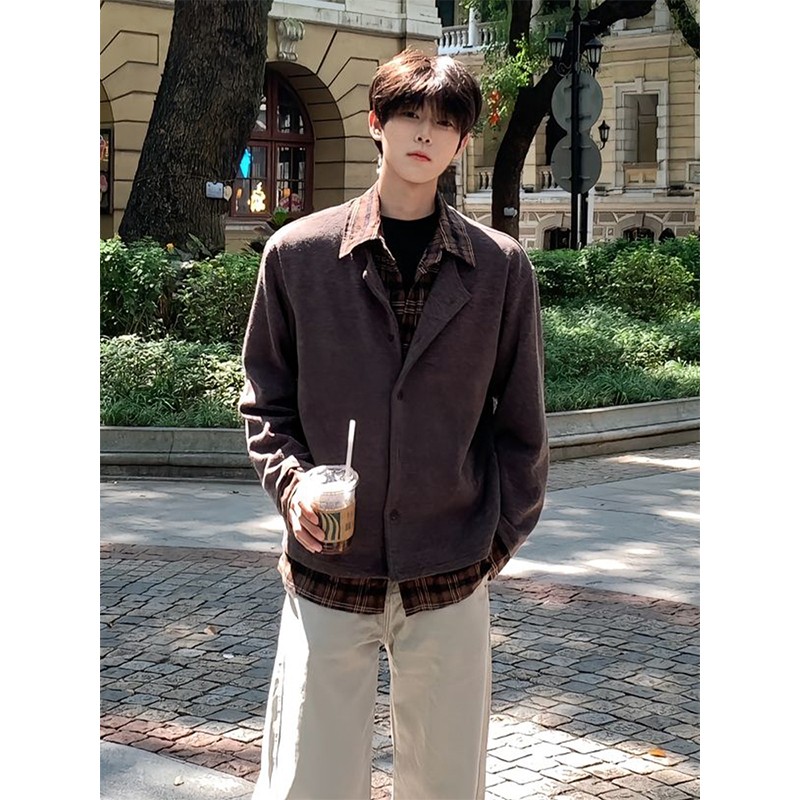 拼接衬衫领针织衫男毛衣开衫外套