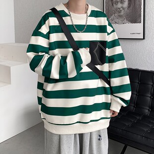 高街无帽卫衣男款春秋季2025新款潮内搭打底衫条纹宽松圆领上衣服