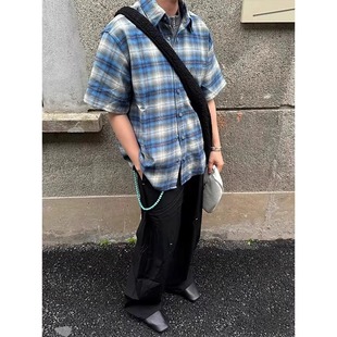 男女百搭夏宽松休闲上衣 短袖 美式 复古cleanfit撞色格子Polo领衬衫