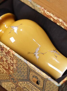 大魚美器 蜜黄纳福瑞鹤瓶 茶席花瓶景德镇陶瓷纯手工手绘瓶子礼物