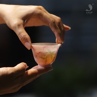 大鱼美器超薄胎满桃花神杯高端茶器景德镇纯手工陶瓷茶杯手绘杯子