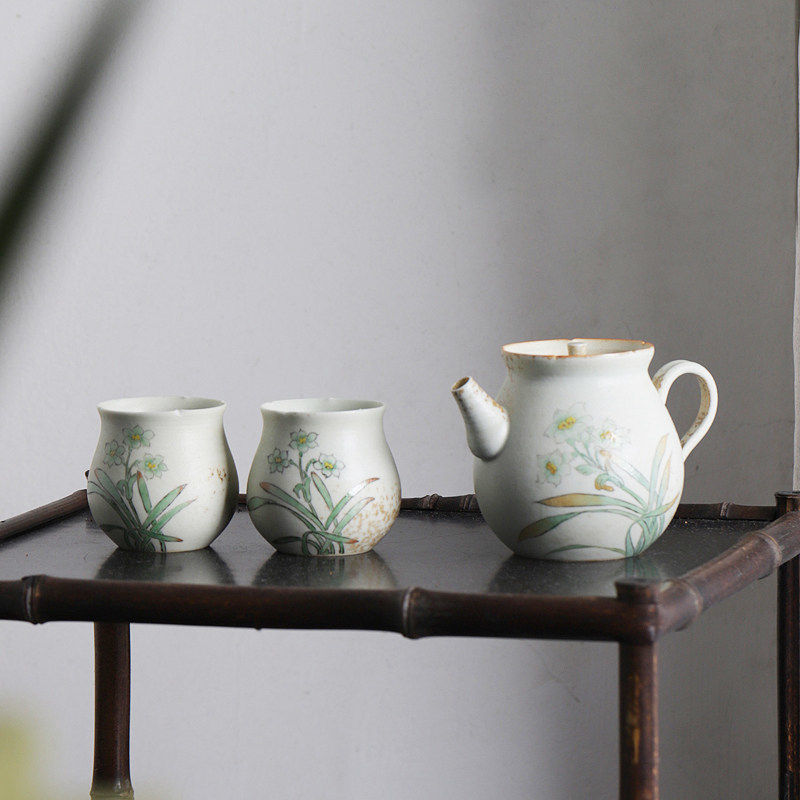 大鱼美器 水仙茶具 纯手工主人杯景德镇高温陶瓷手绘茶壶文创礼品