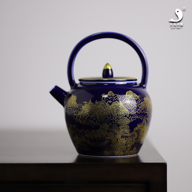 霁蓝描金纯手工功夫茶壶