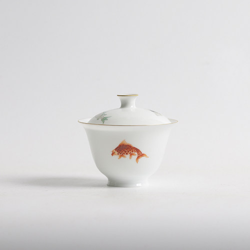 大鱼美器 超薄胎五鱼盖碗 景德镇手绘古彩 80cc