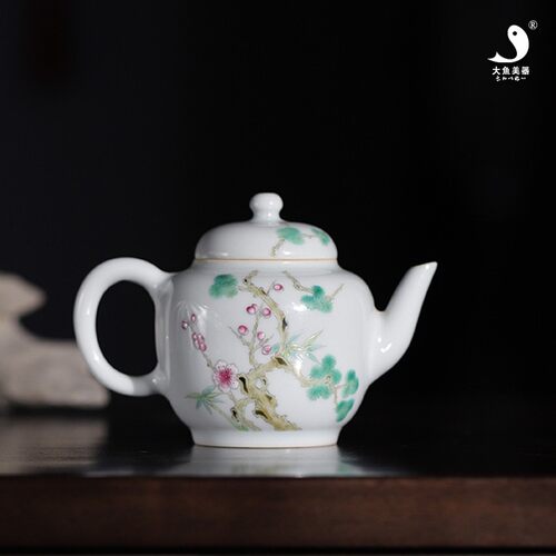 大鱼美器 岁寒三友宫灯壶 陶瓷小茶壶手工手绘古彩单壶中式泡茶壶
