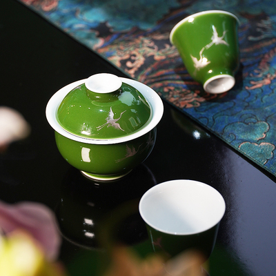 大鱼美器 翠微瑞鹤盖碗一碗两杯 陶瓷茶具礼物景德镇手工盖碗茶杯