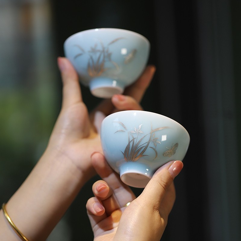 大鱼美器 东方既白银绘兰花杯 茶具礼品陶瓷茶杯景德镇纯手工手绘