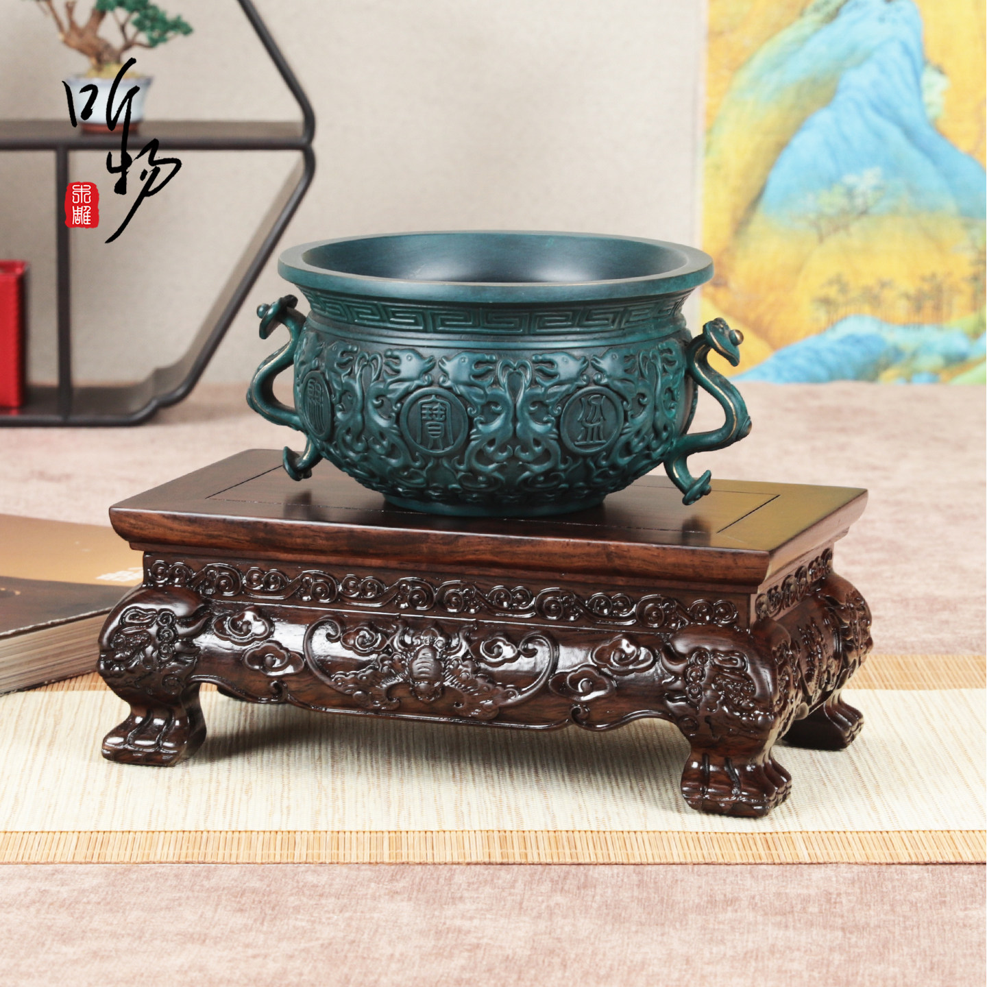 实木非洲黑檀虎脚蝙蝠祥云铜器聚宝盆正方底座中国风盆景展示木托,家居饰品,木雕,淘宝优惠券,粉丝福利购,淘宝优惠卷
