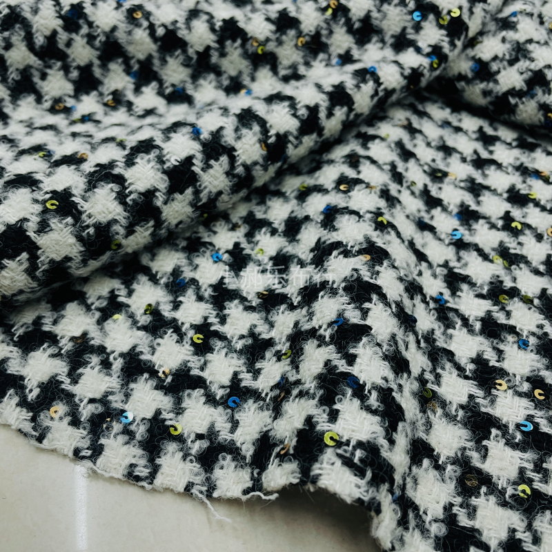 黑白羊毛千鸟格小亮片粗花呢布料西服套装半身裙 手工DIY服装面料