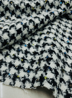黑白羊毛千鸟格小亮片粗花呢布料西服套装半身裙 手工DIY服装面料