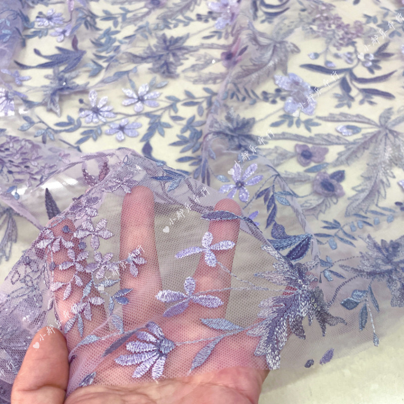 精美浅紫网纱刺绣亮片布料柔软镂空蕾丝汉服连衣裙设计师热卖面料