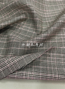 进口羊毛格子布料亮丝粉线微弹力西装哈伦裤连衣裙设计师服装面料