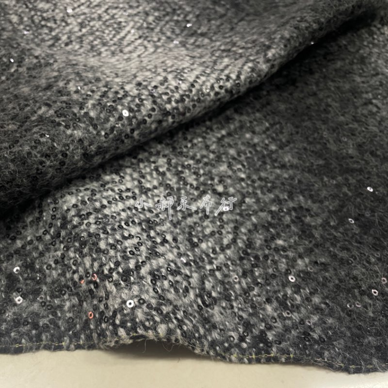 黑灰色定位亮片拉羊毛呢时装面料坎肩西装套装大衣群潮流服装布料