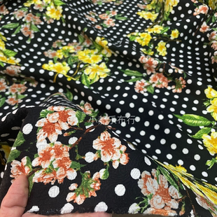 黑底白点红黄印染提花布料颜色鲜艳花型靓丽外套半身裙设计师面料