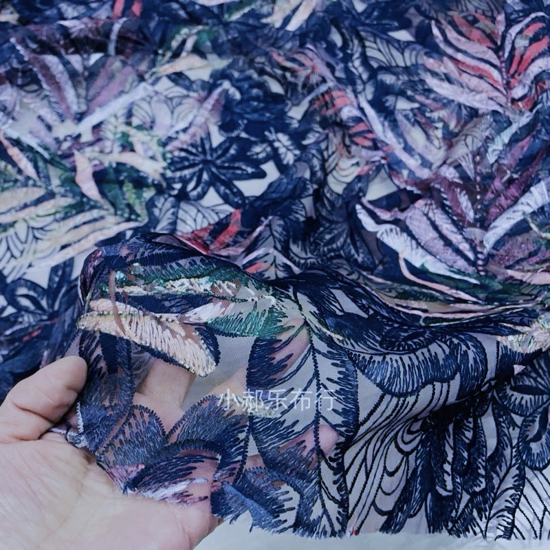 浅紫色网纱地板彩色绣花布料连衣裙坎肩各种服装镶边 手工DIY面料
