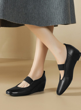 圆头内增高复古玛丽珍鞋女春秋2025新款小皮鞋中跟真皮单鞋 SLLM