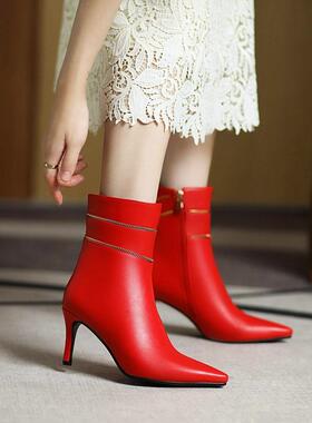 鞋子秋冬女鞋·婚鞋伴娘红色尖头性感细跟高跟大码短靴小码靴 zxg