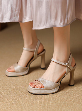 杏色棕色蓝色方头细跟一字带凉鞋高跟国风性感全皮真皮女鞋RLWM