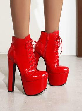 鞋女红色蛇纹夜店性感舞台防水台高跟大码短靴 46 小码 33 fwsx